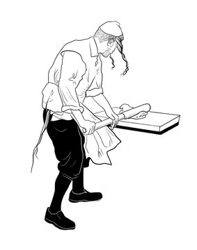Black and white illustration of a traditional Orthodox Jewish man preparing dough with a rolling pin. Symbolic of matzah baking for Passover. Cultural, historical, and religious representation.