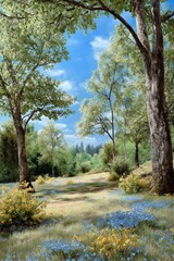 Fototapeta premium A serene, blurred spring background with a blooming glade of wildflowers and young trees in full bloom