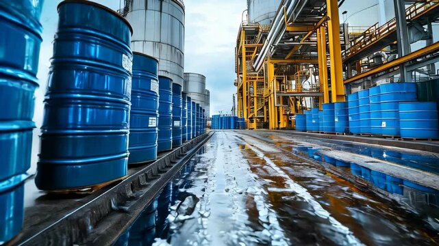 video of Unloading of plastic barrels. Barrels used in the chemical industry. Blue metal drums. White plastic containers. Chemical sector. The machine delivered chemical materials.