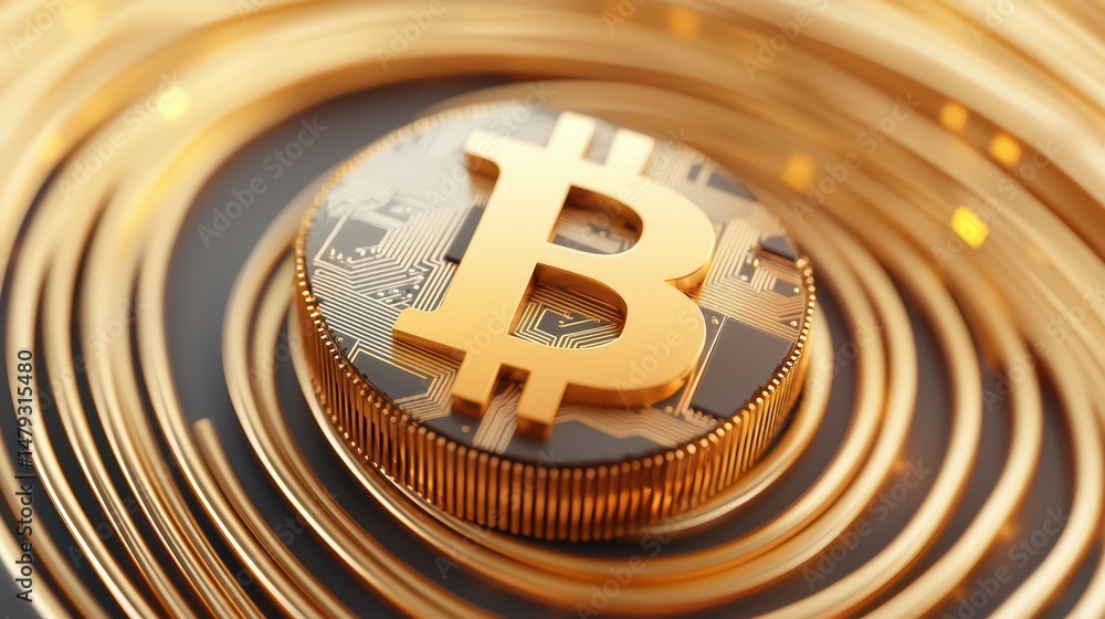 Poster a shiny gold bitcoin coin surrounded by swirling golden lines, representing digital currency and blo