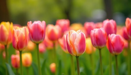 Obraz premium Pastel-colored tulips blooming in a vibrant spring garden , colorful, purple