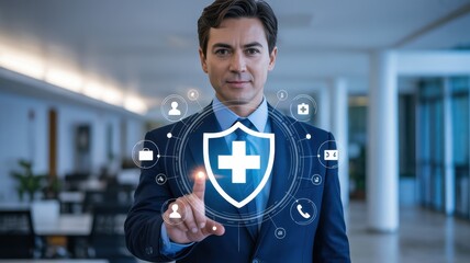 Businessperson interacts with a digital security shield graphic.