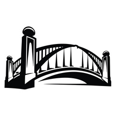 Monochrome illustration of an arched bridge with decorative posts and railings