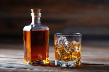 Elegant whiskey glass and bottle on rustic wood.