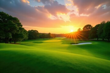 Naklejka premium Scenic golf course at sunrise, lush green fairways, beautiful, tranquil