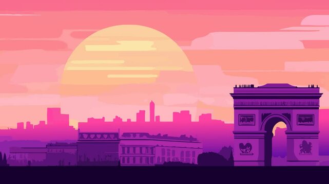 Animated Parallax effect and Sunset over the Eiffel Tower and Paris skyline