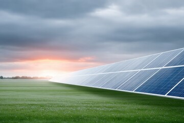 Clean energy generation at golden hour with solar arrays on a vibrant green meadow filled with spring flowers, warm skies and rural landscape in soft light, 
