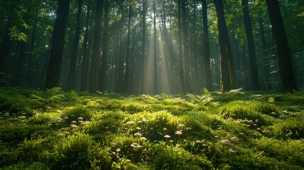 Obraz premium Sunlight streams through a mossy forest floor