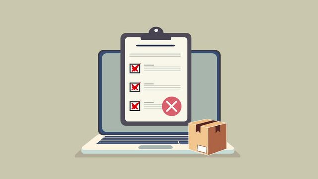 Failed Delivery Package Check Concept. Laptop screen displays a document with a large red cross inside a checkbox, next to a cardboard delivery box icon.  incorrect item, or canceled order.