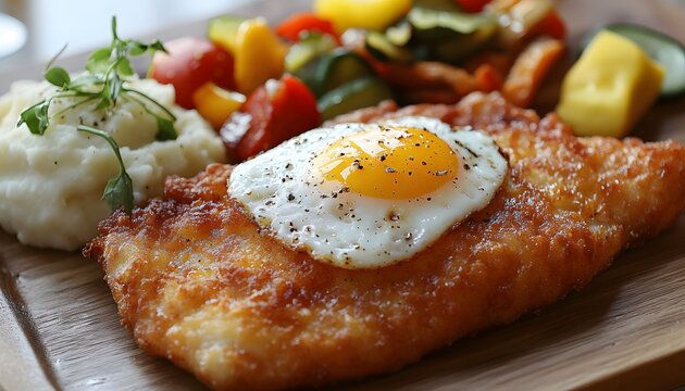 Crispy fried fish dish with mashed potatoes and vegetables.