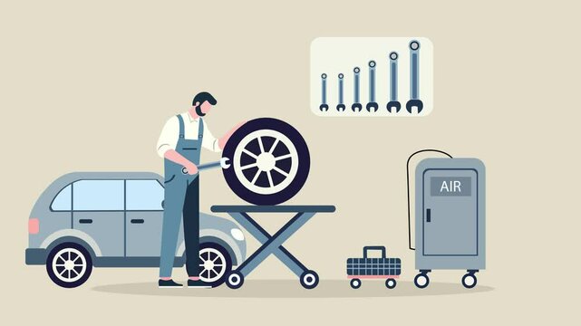 Man repairing a car wheel in a garage. using tools like a wrench to fix the tire. Flat Design animation with copy space. Mechanical repair, and automotive service.