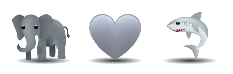 3 emoticons isolated on white background. Gray color heart, elephant, shark vector emoji illustration. 3d illustration set.