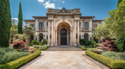 Obraz premium Grand mansion entrance with ornate doorway, framed by lush greenery; timeless elegance of luxury estate architecture. 