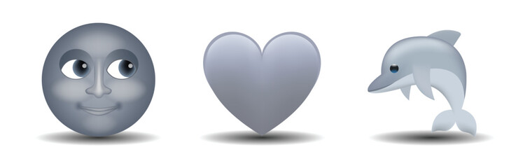 3 emoticons isolated on white background. Gray color heart, moon, dolphin vector emoji illustration. 3d illustration set.