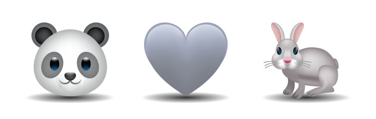 3 emoticons isolated on white background. Gray color heart, panda, rabbit vector emoji illustration. 3d illustration set. © Turkan Jabbarli