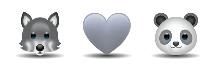 3 emoticons isolated on white background. Gray color heart, wolf, panda vector emoji illustration. 3d illustration set. © Turkan Jabbarli