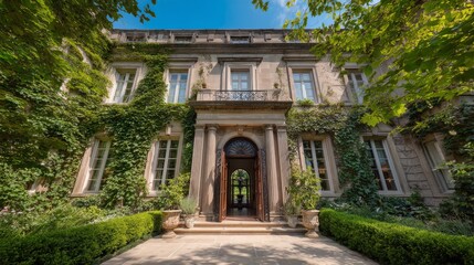 Grand mansion entrance with ornate doorway, framed by lush greenery; timeless elegance of luxury estate architecture.

