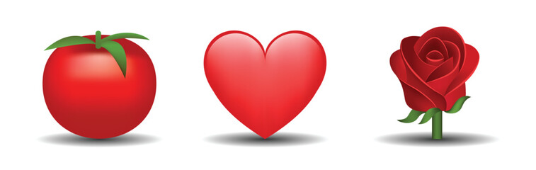 3 emoticons isolated on white background. Red color heart, tomato, rose vector emoji illustration. 3d illustration set.