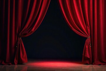 Velvet stage curtain, deep red color, partially open, revealing glimpses of a dark stage beyond , velvet, decoration