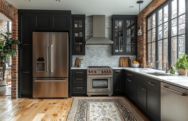 Modern farmhouse kitchen with dark cabinets, stainless steel appliances, and white marble countertop, captured in natural light with cinematic color grading.