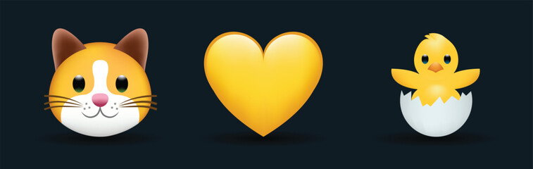 3 emoticons isolated on white background. Yellow color heart, cat, chicken with broken egg vector emoji illustration. 3d illustration set.