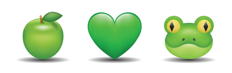3 emoticons isolated on white background. Green color heart, apple, frog vector emoji Illustration. 3d illustration set.