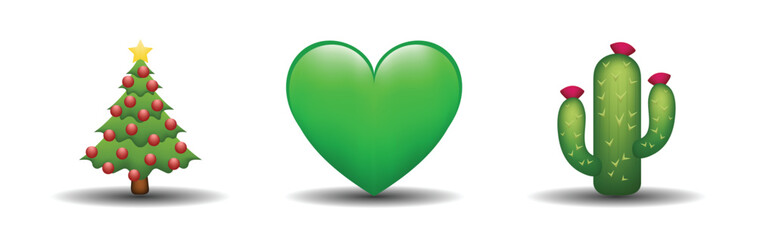 3 emoticons isolated on white background. Green color heart, Christmas tree, cactus vector emoji illustration. 3d illustration set.
