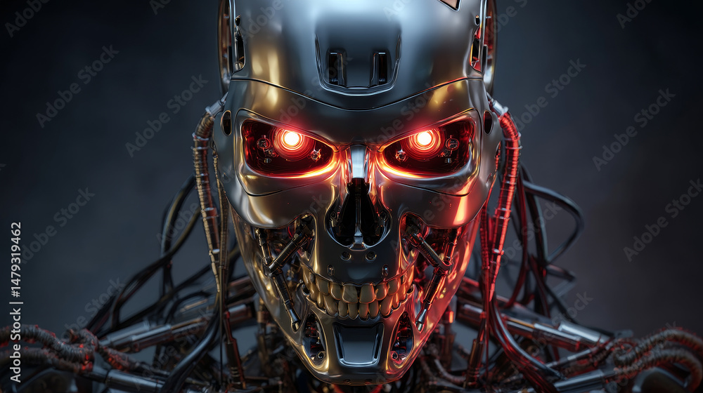 Poster ai with scary face on halloween. head skull of robot with lighting eyes. bad artificial intelligence