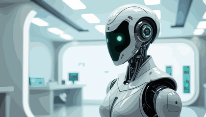 Futuristic AI assistant robot standing in advanced laboratory, innovation