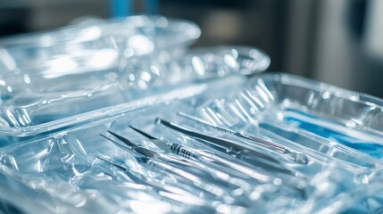 Close up of sterile medical instruments in plastic packaging prepared for surgical use in hospital