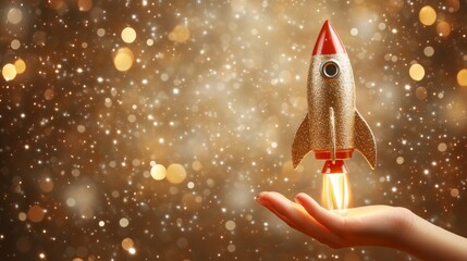 Business Startup Concept, Woman Launching Toy Rocket From Hand on Golden Festive Background