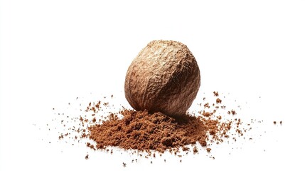 Single nutmeg sits atop a pile of ground nutmeg