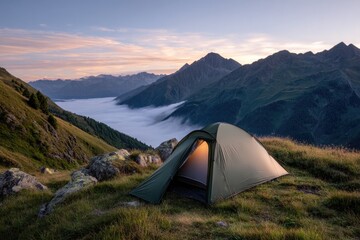 A camping tent set high in the mountains, surrounded by misty peaks and lush green valleys. The early morning light casts a soft golden glow on the tent