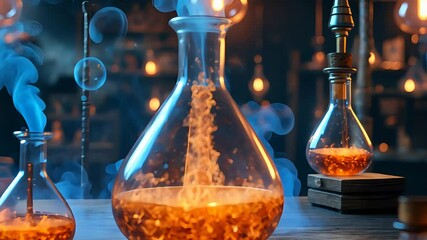Glowing orange liquid swirling inside laboratory glass flask with smoke and bubbles in a dimly lit vintage chemistry lab environment

