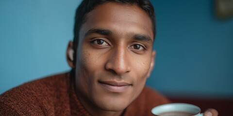 Focused south asian student with hearing aid enjoying coffee and studying