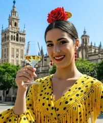 Fototapeta premium Powerful flamenco dancer wearing a red polka dot dress showcasing traditional spanish culture and promoting Andalusia as top tourist and cultural destinations in southern Spain.
