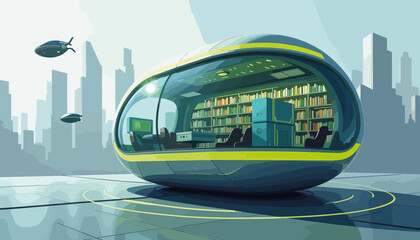 Futuristic library pod with neon accents in sci-fi cityscape, innovation
