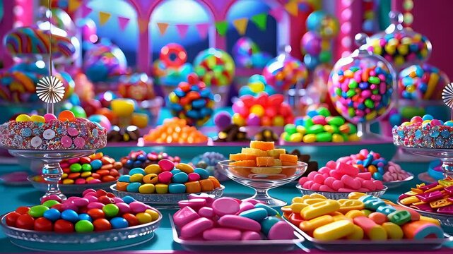 Colorful candy buffet display with vibrant sweets, lollipops, and jellybeans in glass jars and trays under festive lighting and decorations

