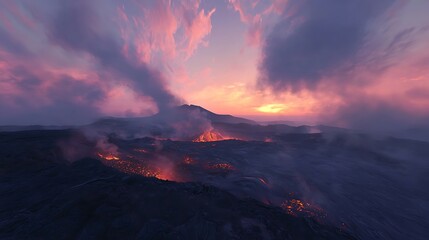 Fototapeta premium Volcano Eruption with Flowing Lava at Sunset Landscape View