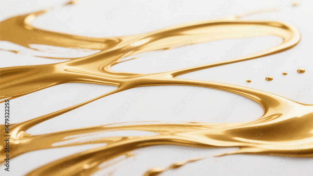 Poster flowing swirls of golden paint creating elegant abstract art on a white background
