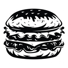 Bold Black and White Burger Illustration with Lettuce, Cheese and Buns