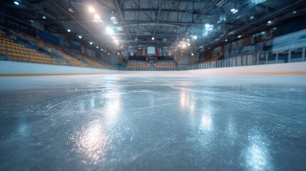 Empty ice rink with a smooth surface, viewed from the stands, under soft lighting. A serene and minimalist sports moment.
