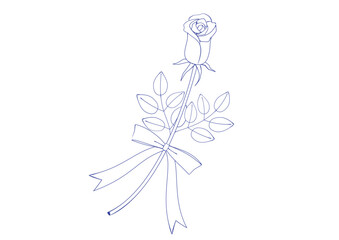 万年筆で描いたような一輪のバラの花のイラスト　リボンつき　白塗り