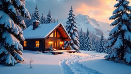 Fototapeta premium Cozy winter cabin scene with snow-covered trees and warm lighting , trees, rustic, charming