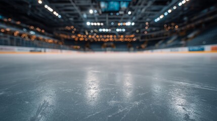 Empty ice rink with a smooth surface, viewed from the stands, under soft lighting. A serene and minimalist sports moment.
