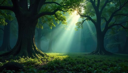 Obraz premium Deep shadows shroud ancient trees in a dense, mysterious forest Sunlight barely penetrates the thick canopy , shadows, ecology