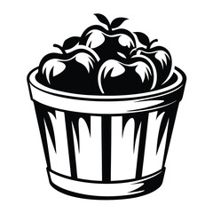 Black and white illustration of a basket full of ripe, juicy apples