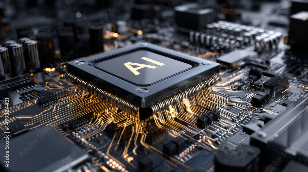 Poster processor with integration ai. ai letters on chip. cpu connected to motherboard . artificial intelli
