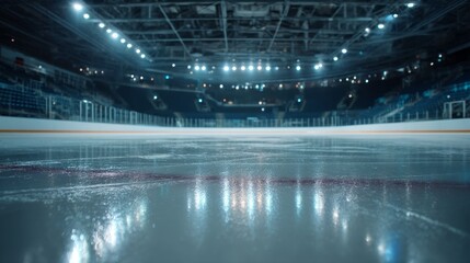 Empty ice rink with a smooth surface, viewed from the stands, under soft lighting. A serene and minimalist sports moment.
