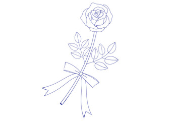 万年筆で描いたようなリボンのついたバラの花のイラスト　塗りなし